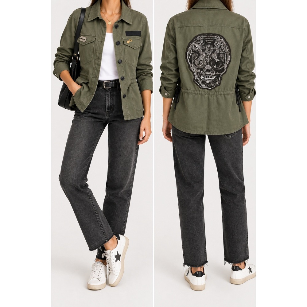 Zadig & Voltaire Skull Embroidered Military Utility Jacket Khaki Size L